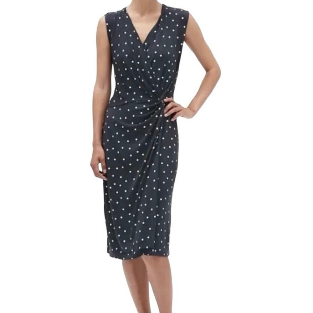 BANANA REPUBLIC Size Small Petite Wrap Dress Dot Navy Blue Stretchy Cinched